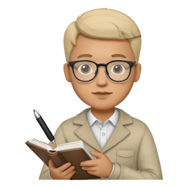 man hold a pen in hand write in book , wearing glasses sticker