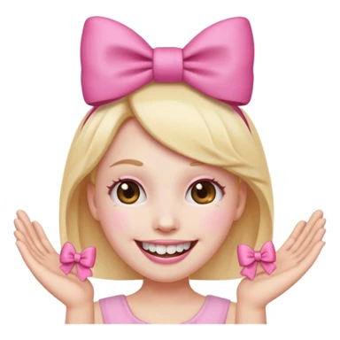smiling emoji with a pink bow on head and hand placed on the teeth sticker