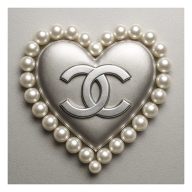 Design a Chanel heart in metallic silver, surrounded by pearls, with interlocking C's, embodying a refined and timeless aesthetic. sticker