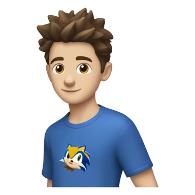 A young white boy with short brown hair and brown eyes wearing a blue sonic the hedgehog shirt
 sticker