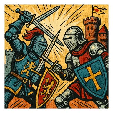 affrontement de chevaliers, châteaux en arrière-plan, style old school comic book sticker
