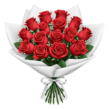 A paper-wrapped bouquet of fresh roses and baby’s breath sticker