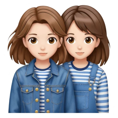 Two anime best friend girls with brown hair, one in striped shirt and denim jacket, one in denim overalls with hair clip sticker