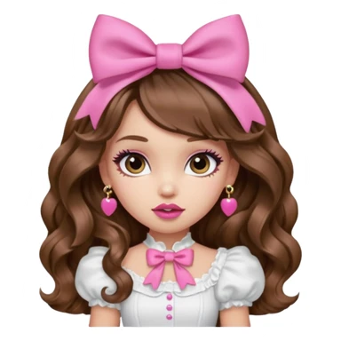 generate a pretty bratz girl in a white puff sleeve top. Pink lipgloss. Brown wavy hair long. Bow pink earrings sticker