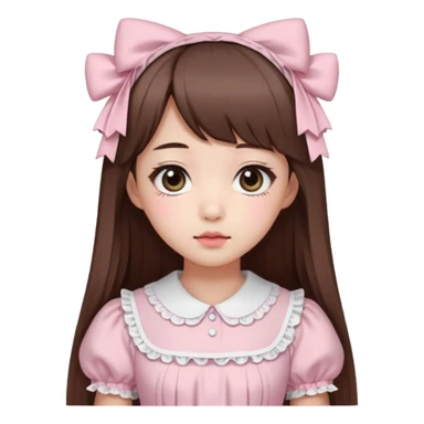 She has fair skin, is Korean, has long straight brown hair, slanted black eyes, with a very Kawaii baby pink lolita dress.  sticker