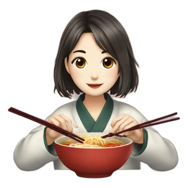 A girl who livres k-drama eating a ramen with chopstick sticker