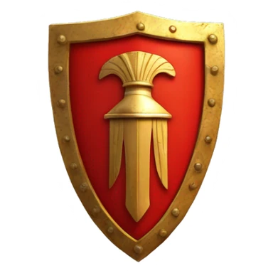 A bright red, rectangular-shaped Roman legionary shield with bold golden edges and a central gold boss. The shield features subtle geometric patterns and a worn texture, symbolizing both protection and battle readiness sticker