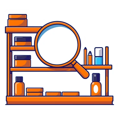 front view magnifying glass over empty orange beauty product shelf searching sticker