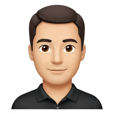 Middle-aged man with strong square face, pronounced jawline, full cheeks, neutral expression, dark brown eyes, thick eyebrows, wide proportional nose, friendly smile with medium lips, short dark hair neatly styled to the side, wearing a black polo shirt sticker