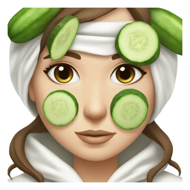 White girl with Brown hair and blue eyes wears a Green colored skincare clay textured mask and puts on cucumbers around her eyes while She relaxes in her white Robe sticker