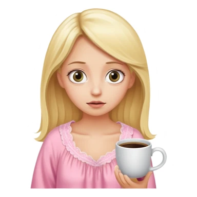 A blonde woman in a pink nightgown with wide eyes looks for coffee. sticker