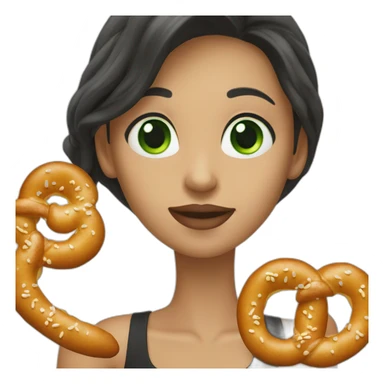 A Woman with green eyes and black wavy long hair and long nose eating a pretzel  sticker