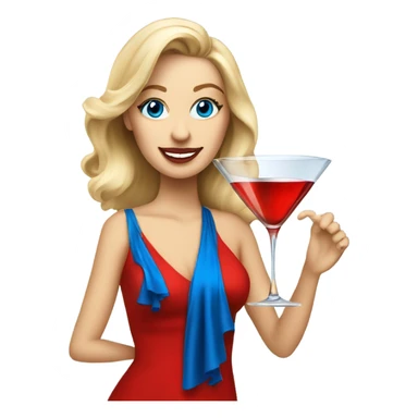 Beautiful blonde white woman with blue eyes and red dress dancing with martini sticker