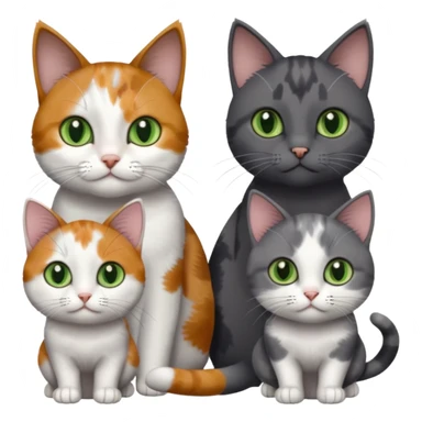 3 different coloured small cats including a dark grey and white, and a patchy calico with hazel eyes and a completely solid dark grey with green eyes and only white paws sticker