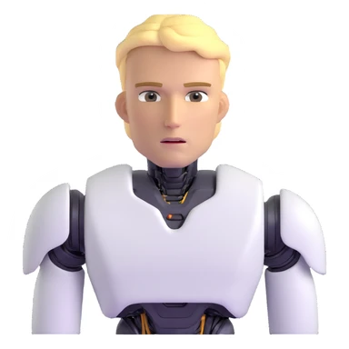 Minimalist male robot with blond hair, sharp jawline, intense eyes, white sweater, AI assistant sticker