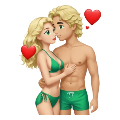 Blonde girl Green eyes wavy hair Green Bikini whole body Kissing man black Hair blue eyes Hearts in Body Background beach sticker