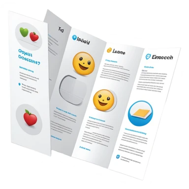 tri-fold brochure opened, with simple layout lines and image placeholders. sticker