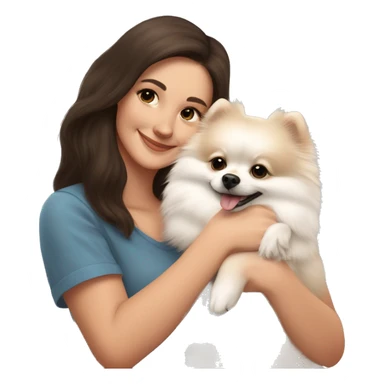 White and beige Pomeranian in the hands of a white young woman with dark brown hair smiling and cuddling the dog  sticker