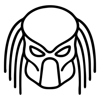 Predator, minimalist icon, focus on mask and dreadlocks, clean lines, monochrome sticker