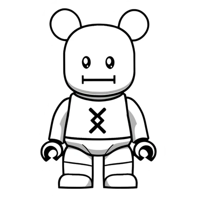 Lego style bearbrick with X crosses as eyes, enlarged ears, oversized boots, long thin limbs, exaggerated comic proportions, blocky Lego joints sticker
