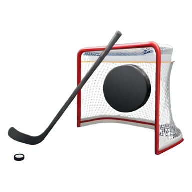 An icon showing a close-up of a hockey stick, puck, skates, and hockey net placed on the ice. The background features a packed stadium with bright lights, cheering fans, and snowy scenery outside. Transparent background highlights the key elements of the game. sticker