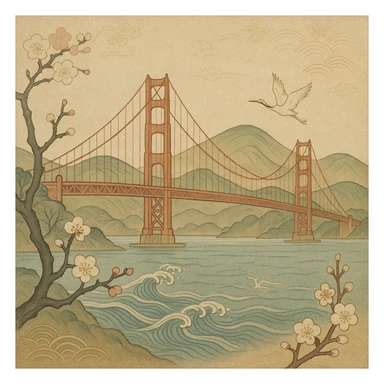 {
  "style_description": {
    "overall_look": "Traditional Japanese painting with a refined and serene aesthetic rooted in classical techniques",
    "material_simulation": {
      "primary_material": "natural pigments on washi or silk",
      "texture_detail": "subtle paper grain, matte finish, soft brushwork",
      "pattern": "occasional use of classical Japanese motifs such as plum blossoms, waves, or cranes"
    },
    "geometry": {
      "edge_style": "fluid and organic linework with gentle outlines",
      "dimensionality": "flat perspective with carefully balanced negative space"
    },
    "color_palette": {
      "scheme": "earthy and muted tones with occasional gold or mineral highlights",
      "preferred_colors": ["indigo", "sumi black", "reddish brown", "soft greens", "off-white"],
      "contrast": "low contrast, harmonious tones"
    },
    "lighting": {
      "type": "diffused, implied through tone rather than shading",
      "purpose": "maintain the contemplative and meditative quality of the piece"
    },
    "render_constraints": {
      "avoid": ["realistic lighting", "high saturation", "modern cartoon outlines", "digital gradients"],
      "focus_on": ["natural harmony", "elegance", "quiet emotional expression"]
    },
    "background": {
      "color": "neutral or light washi-inspired background",
      "style": "plain or softly patterned with traditional elements",
      "lighting_consistency": "flat and even, no cast shadows or dramatic highlights"
    }
  }
}

{subject} = san francisco sticker