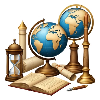 An icon featuring ancient scrolls, a quill pen, and large, old-fashioned sand clocks, symbolizing the study of history. The design includes a globe and a timeline with significant historical events, set against ruins to evoke past civilizations. Transparent background highlights the passage of time. sticker