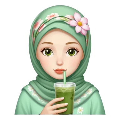 White girl wearing flower hijab drinking iced matcha sticker
