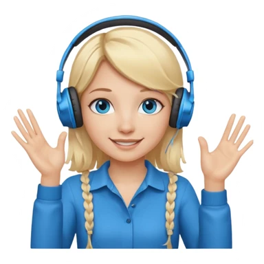 girl with blonde hair and blue eys with heands telling what, having heaphones on head sticker
