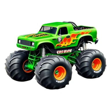 Grave Digger - Monster Jam (Model Year: 2022) (Iconic colour: Green with flames) - A legendary monster truck with a fearsome design: predominantly deep green with dynamic, vibrant flame graphics in bright orange and yellow. Highlight its rough, edgy bodywork and an aura of untamed rebellion. sticker