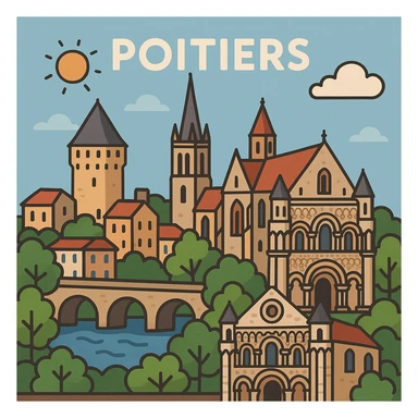 flat toon style Poitiers cityscape or landmark, France sticker
