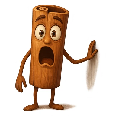 Create a surprised expression for a cinnamon stick character. The character should have wide eyes and an open mouth to show surprise, with a transparent background. sticker