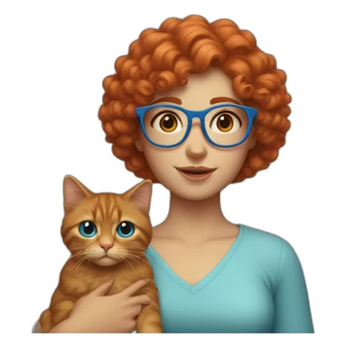 a girl with curly red hair and blue glasses with a cat in her arms sticker