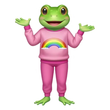 A green frog wearing a rainbow sweatshirt and pink pants  sticker
