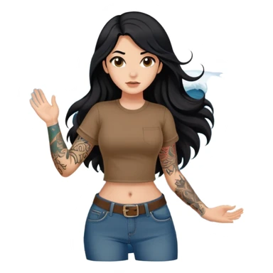 Fair skin girl - long black hair, big waves - wearing a brown navel-baring short-sleeved shirt - jeans - big arm tattoos sticker