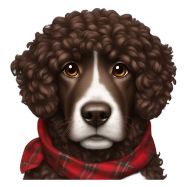 portrait Dark chocolate colored doodle with curly fur wearing a red and black flannel handkerchief sticker