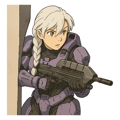 female, wearing reach spartan armor default, long white braid hair with massive messy front side single bangs, gold yellow eyes, attention pose, HALO:series, no helmet, the armor is lavender color scheme, shoulder pad off. DDD bust size fitting. Punk gothic cyberpunk, peeking around a corner while aiming a classic HALO1 AR, tactical, lean sticker
