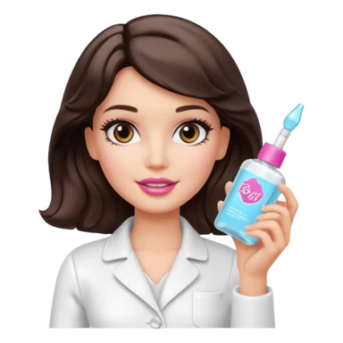 A Barbie girl with makeup, with short wavy dark brown hair in white clothes, holding a facial gel in her hand sticker