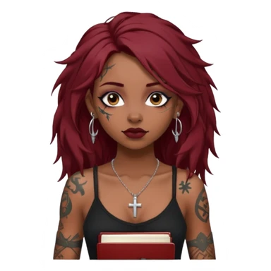 generate an ios genmoji of a dusky girl with long dark red messy hair with eyeliner on her eyes. septum piercing, wearing a cami black top, has tattoos, on shoulders. ear piercings. wearing a cross silver necklace. carrying a lot of sketchbooks sticker