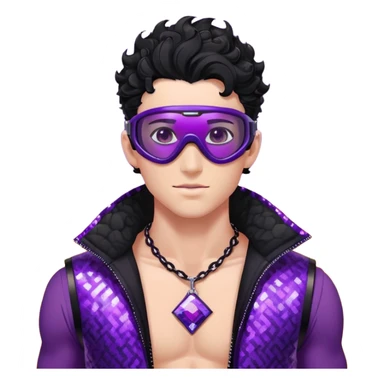 male athlete with white skin and moderately curly black hair on top with shaved sides, wearing ski goggles with purple frames and very dark black lenses, a simple plain black chain necklace, and a completely unzipped shiny vest with purple and black sequin fire pattern design, fully revealing his chest and abs, no earrings sticker