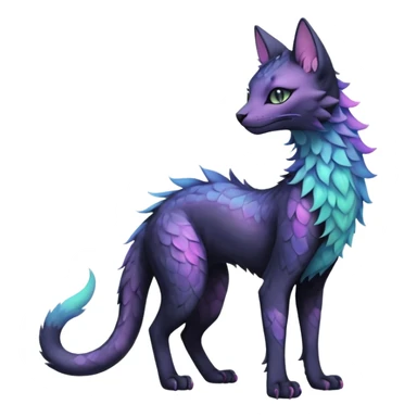Kawaii black pastel iridescent beautiful pretty elegant divine edgy fantasy feline-vernid-sergal-fursona animal creature with a tufted tail full body with intricate markings  sticker