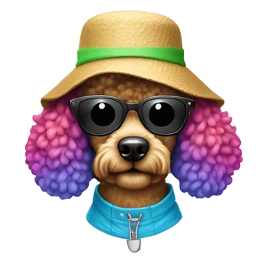 Rainbow poodle with a bucket hat on with black sunglasses sticker