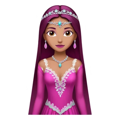 enchantress goddess wearing a embellished shimmering light powder white lace and magenta pink gown with tanned skin and super long straight dark brown hair sticker