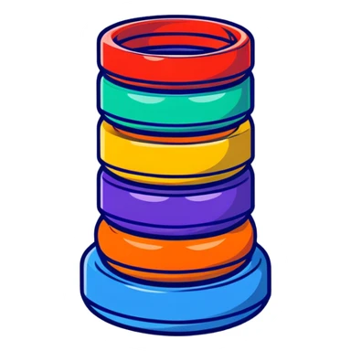 Children's stacking rings toy with red, orange, yellow, green, light blue, dark blue, and purple rings on a post in rainbow order sticker