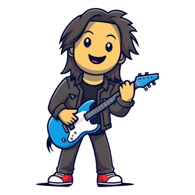 Rockstar musician with long hair, confident smile looking up, rock hand gesture, stage presence, edgy style sticker