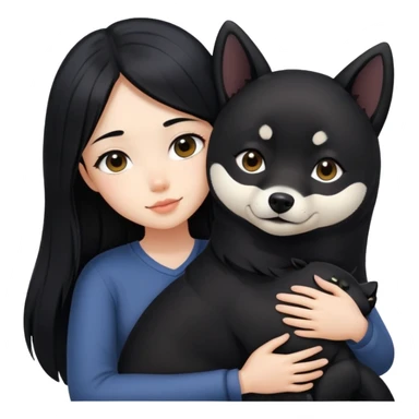 A beautiful girl with long black hair hugs a black Shiba Inu sticker
