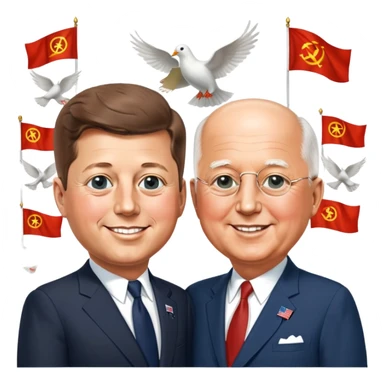 John F. Kennedy and Mikhail Gorbachev side by side, smiling, friendly diplomatic atmosphere, small peace symbols and doves, US and USSR flags as accents sticker