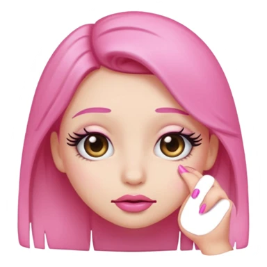 Shy emoji with long lashes, pouty lips, and pink nails on a black background, cute aesthetic sticker