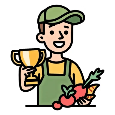 Happy gardener with trophy and prize vegetables sticker