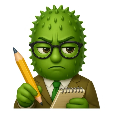 Make the pickle look suspicious while writing in a notepad, in the style of apple emojis, with no background. sticker